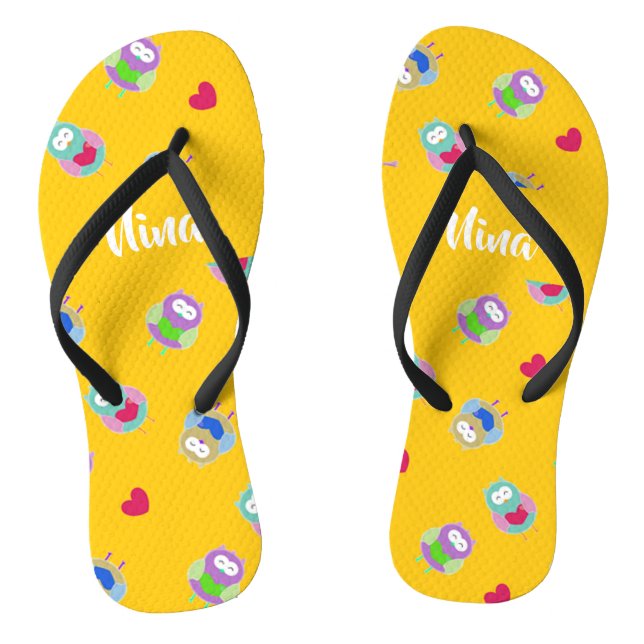 Owls with hearts on orange thongs (Footbed)
