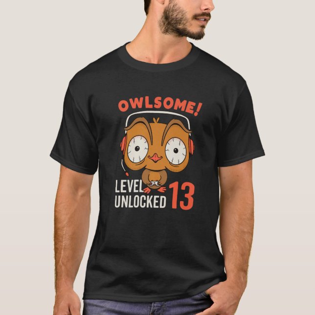 Owlsome Owl Gaming Level 13 Unlocked 13Th Birthday T-Shirt (Front)