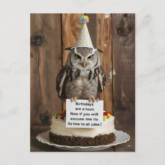 Own on birthday cake holding note with feet postcard (Front)