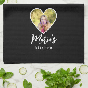 Own Photo in Black Heart Frame Modern Calligraphy Tea Towel