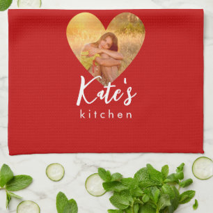 Own Photo Red Heart Frame Modern Calligraphy Tea Towel