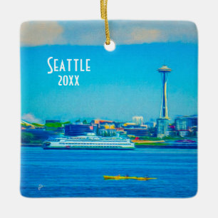 Own Photo Seattle Skyline 2 sided Unique Modern Ceramic Ornament