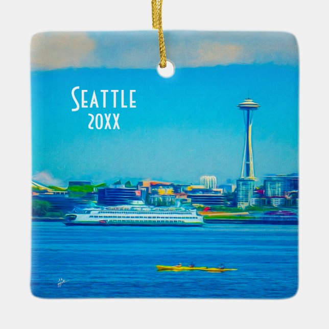 Own Photo Seattle Skyline 2 sided Unique Modern Ceramic Ornament (Front)