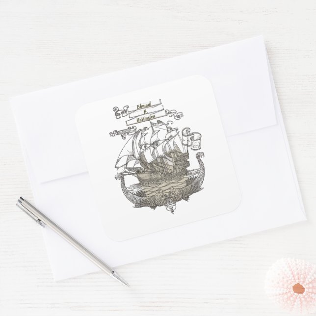Ownership Bookplate Ex Libris Clipper Ship Square Sticker (Envelope)