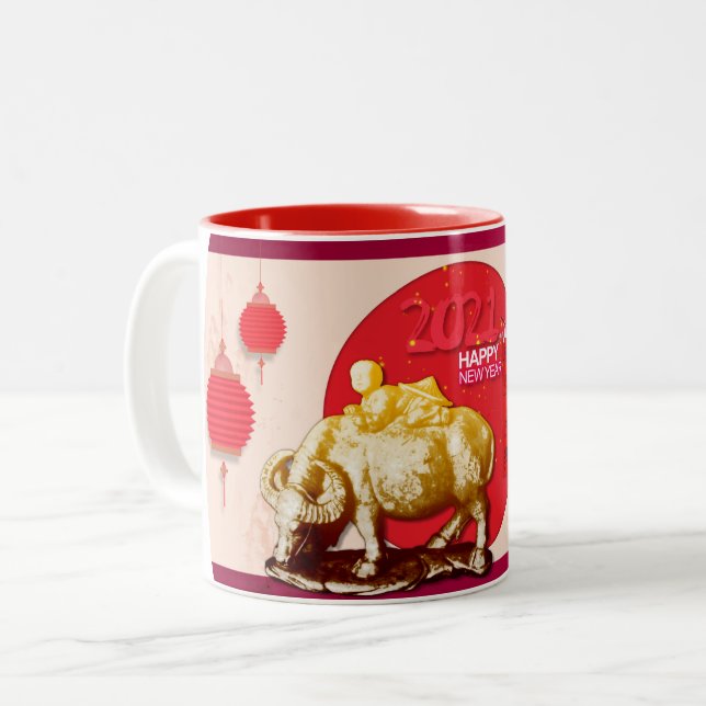 OX Kid Lantern Cherry Blossoms Chinese New Year 1M Two-Tone Coffee Mug (Front Left)