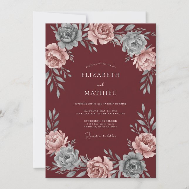 Oxblood Painted Leafy Wedding Invitation (Front)