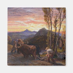 Oxen Ploughing at Sunset (w/c on paper) Magnet