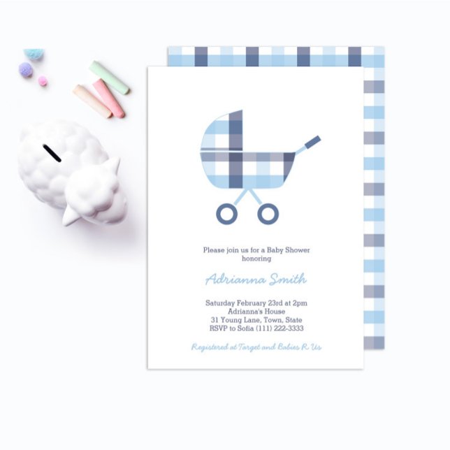 Oxford Check Buggy Boy Baby Shower Party Invitation (Creator Uploaded)