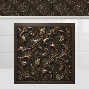 Oxidised Cast Bronze Renaissance Metal Foliage Ceramic Tile