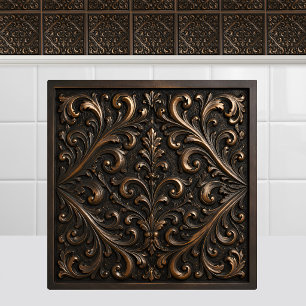 Oxidised Metal Cast Bronze Renaissance Foliage Ceramic Tile