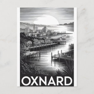 Oxnard California Skyline Black White Woodcut Holiday Postcard
