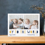 Oy to the World | 2 Photo Hanukkah Holiday Card<br><div class="desc">Whimsical Hanukkah photo card features two of your favourite family photos in a square format aligned side by side. "Oy to the World" appears beneath in blue and golden yellow cutout lettering. Personalise with your family name or names, custom greeting, and the year along the bottom. A funny and modern...</div>