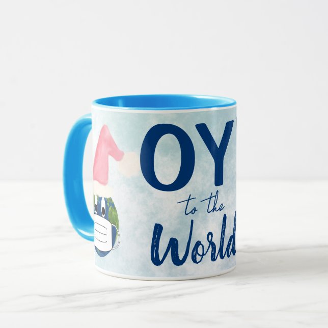 OY! to the World. Funny Earth & Face Mask Holiday Mug (Front Left)