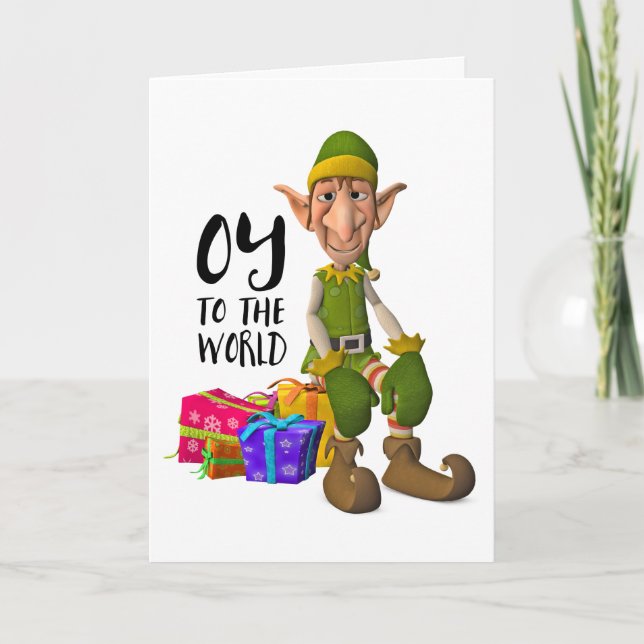 Oy to the World Funny Elf Christmas Holiday Card (Front)