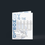 Oy To The World Funny Hanukkah Menorah Folded Blue Holiday Card<br><div class="desc">all text on the inside of this card is templated,  so it can be changed easily if you'd like. this obviously includes the signature. 

the front features graphics a an opaque globe wearing a mask in the background,  and a silver menorah outline off to the bottom right</div>