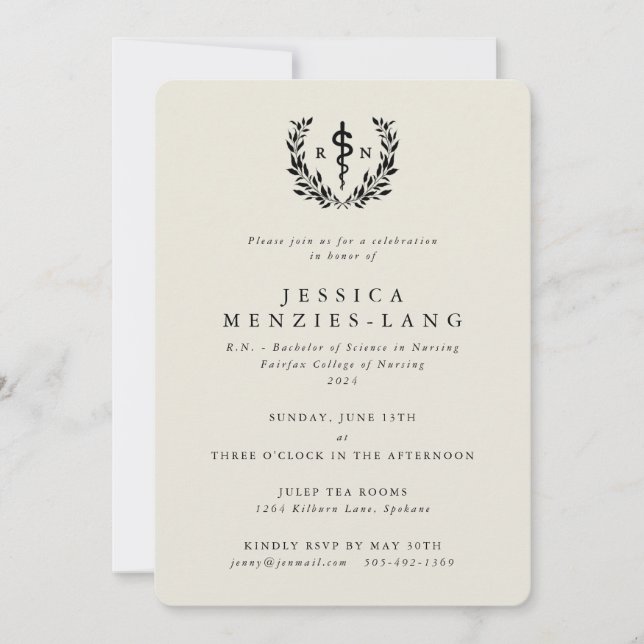 Oyster/Black Registered Nurse Asclepius Graduation Invitation (Front)