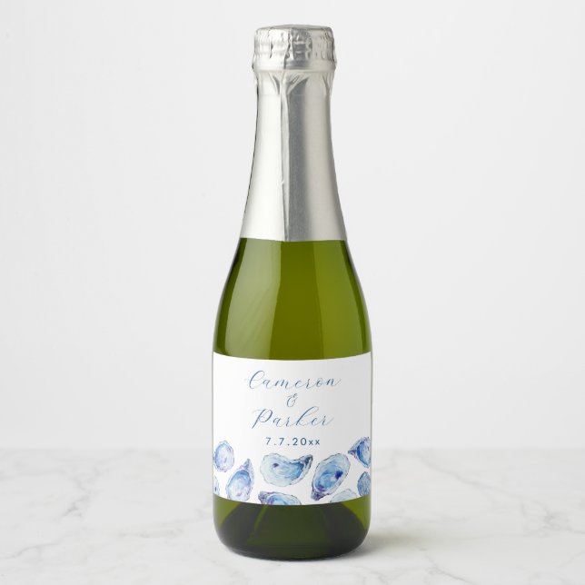 Oyster Blue Watercolor Wedding Favour Mini Sparkling Wine Label (Front)