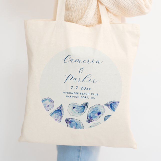 Oyster Blue Watercolor Wedding Favour Tote Bag (Oyster Wedding Tote bag for an elegant blue watercolor wedding favor or coastal wedding welcome bag )