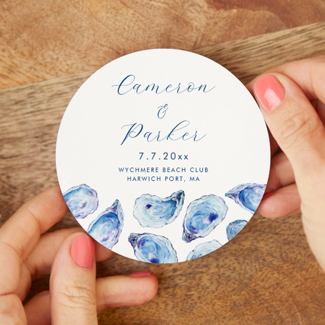 Oyster Blue Watercolor Wedding Round Paper Coaster (Oyster Watercolor Drink Coaster for an elegant blue coastal wedding from Concertina Press)