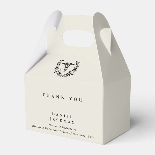 Oyster/Cream Personalised Caduceus + Laurel Wreath Favour Box (Front Side)
