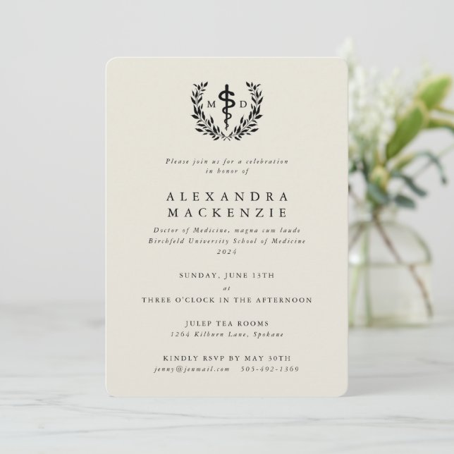 Oyster MD Asclepius + Laurel Wreath Graduation Invitation (Standing Front)