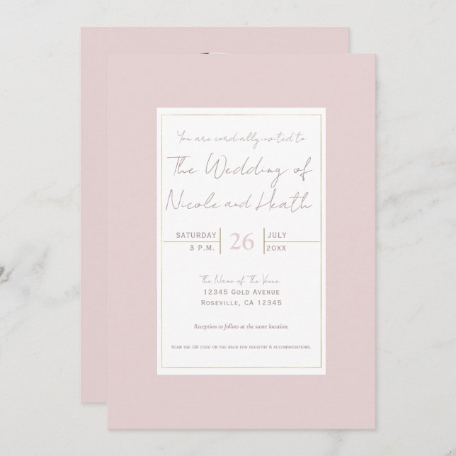 Oyster Pink & Gold Modern Minimal Wedding Invitation (Front/Back)