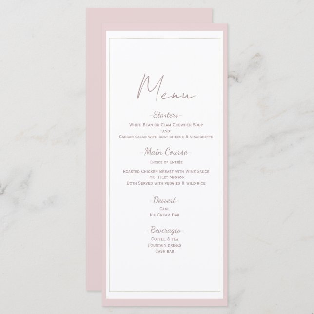 Oyster Pink & Gold Modern Minimal Wedding Menu (Front/Back)