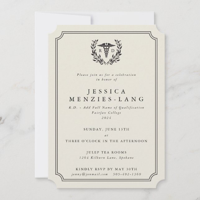 Oyster RD Caduceus+Laurel Wreath Invitation (Front)
