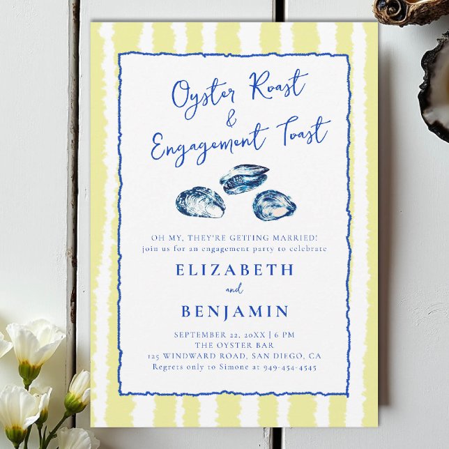Oyster Roast Blue Yellow Stripes Engagement Party Invitation (nautical engagement invitation oyster party coastal seaside yacht club boat beach blue handdrawn)