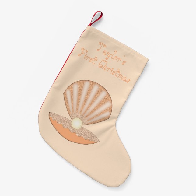 Oyster shell and Pearl Gender Neutral Custom Small Christmas Stocking (Front (Hanging))