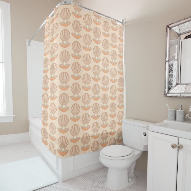 Oyster shell and Pearl Gender Neutral Patterned Shower Curtain (In Situ)