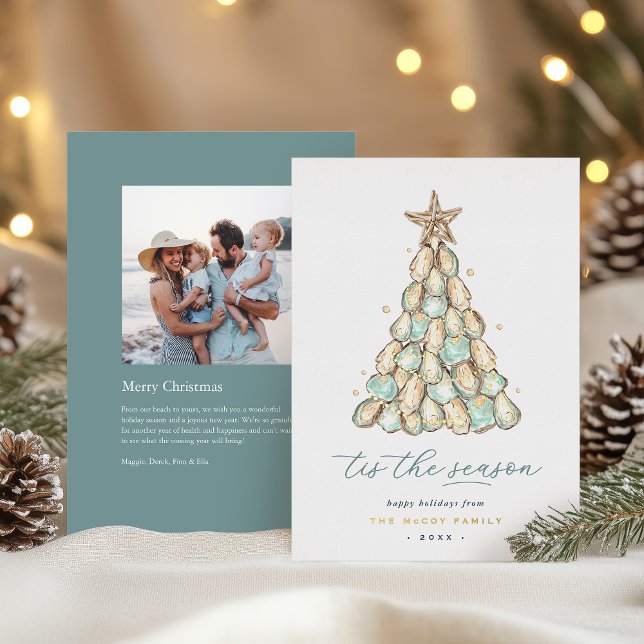 Oyster Shell Tree Coastal Christmas Photo Foil Holiday Card (Creator Uploaded)