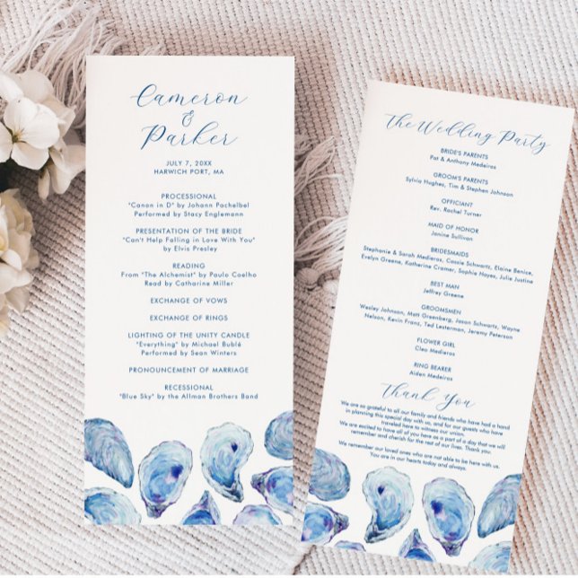 Oyster Watercolor Beach Wedding Double Sided Program (Oyster Watercolor Beach Wedding Programs tall double sided editable from Concertina Press)