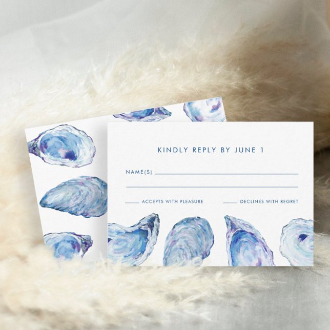 Oyster Wedding Blue Watercolor RSVP Card (Oyster Watercolor RSVP Card with names in a blue coastal design from Concertina Press)