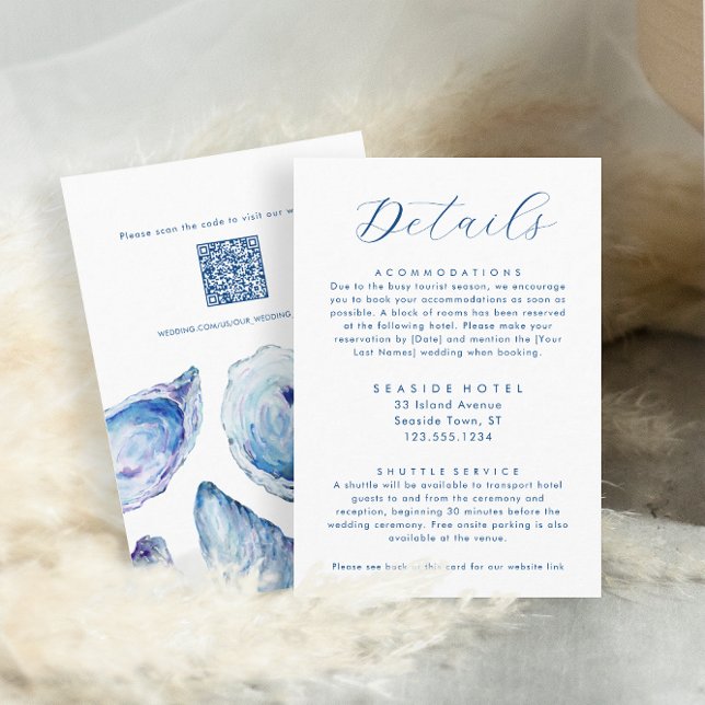 Oyster Wedding Details Hotel Info QR code Enclosure Card (Oyster Wedding Details and Hotel Information with QR Code and Elegant blue watercolor oyster shells)