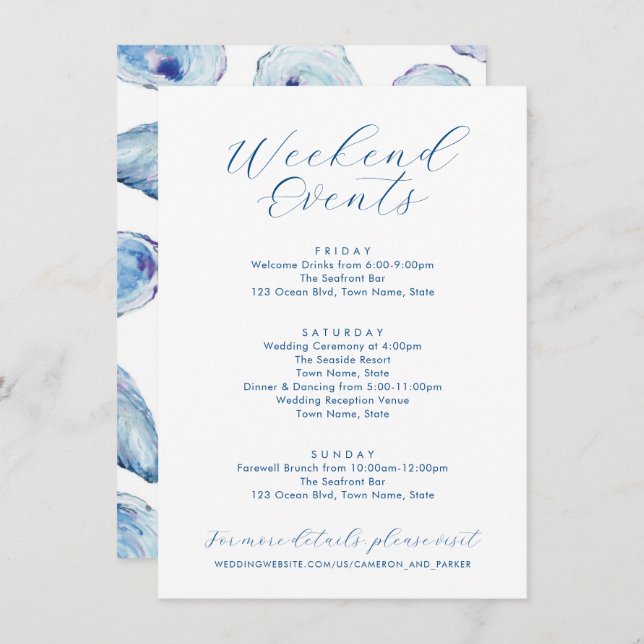 Oyster Wedding Weekend Events Blue Watercolor  Enclosure Card (Front/Back)