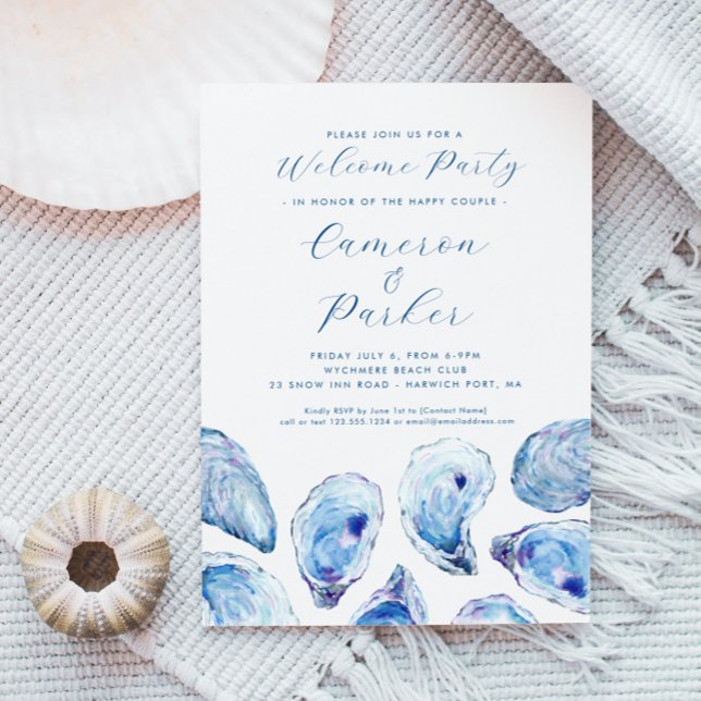 Oyster Welcome Party Blue Watercolor Invitation (Oyster Welcome Party Invitation with elegant blue watercolor illustration from Concertina Press)