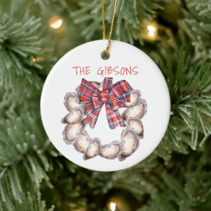 Oyster Wreath Plaid Ribbon Personalised Ceramic Ornament