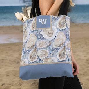Oysters Delight Blue Grey Tan and Monogram Initial Tote Bag