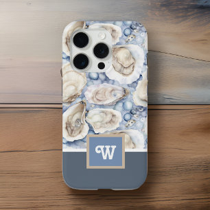 Oysters n Pearls Blue Gray Tan Monogram Initial iPhone 15 Pro Case