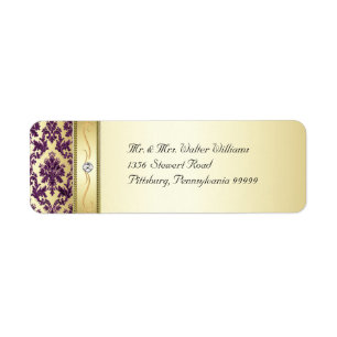 P1 Elegant Gold Purple Damask Diamond Label Return Address Label