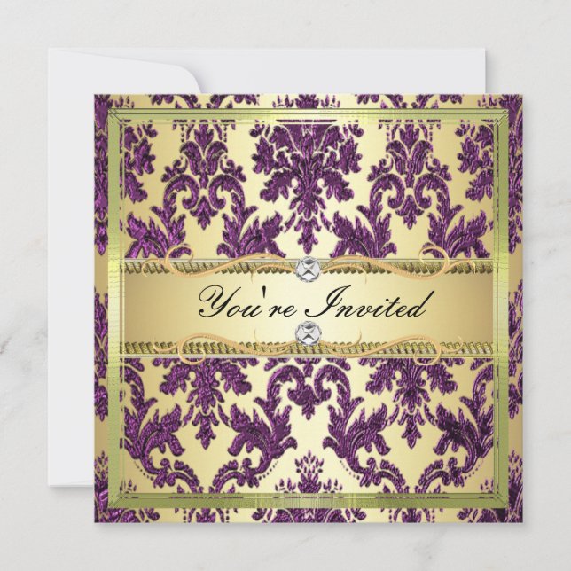 P1 Elegant Gold  Purple Damask Invite Template (Front)