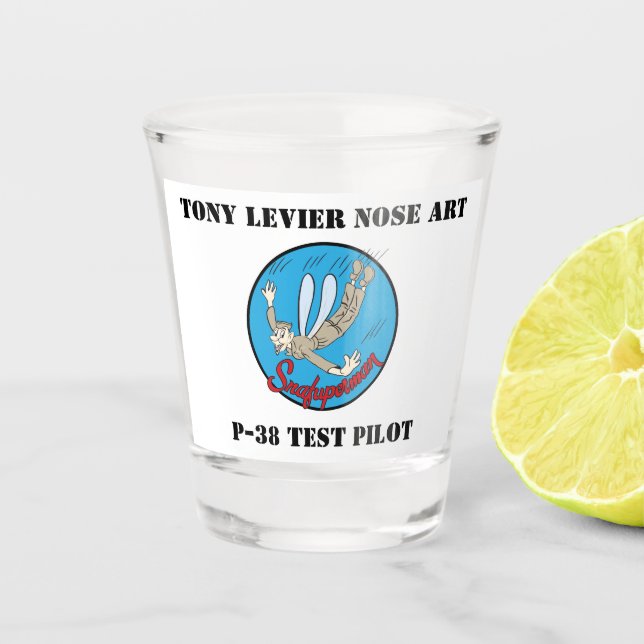 P-38 Test Pilot Tony LeVier Noseart Shot Glass (Front)