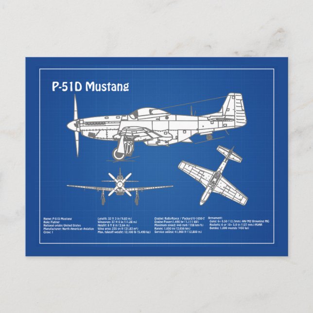 P-51D Mustang - Aeroplane Blueprint ABD Postcard (Front)
