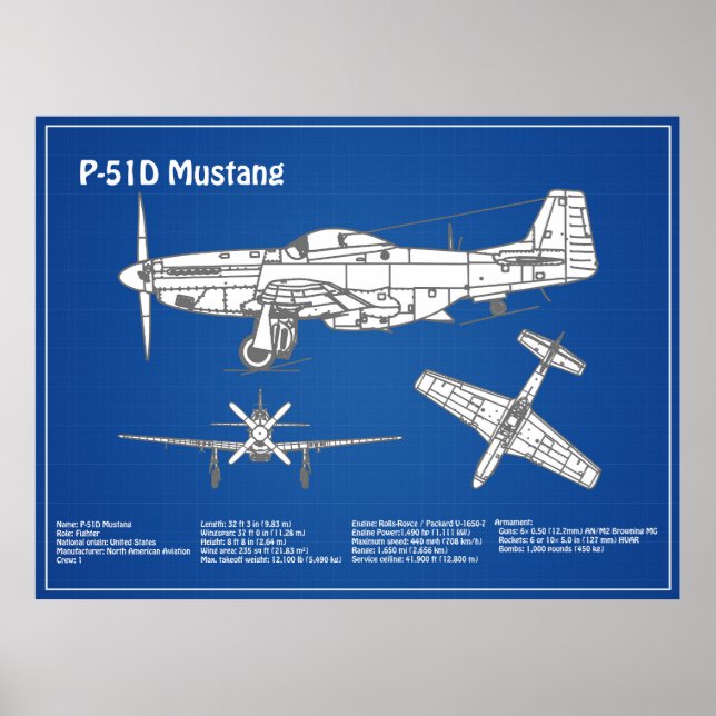 P-51D Mustang - Aeroplane Blueprint ABD Poster (Front)