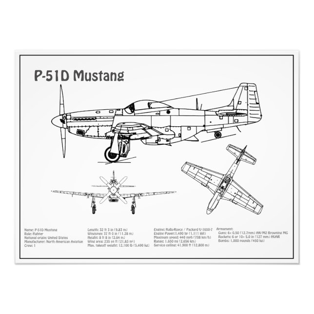 P-51D Mustang - Aeroplane Blueprint BD Photo Print (Front)