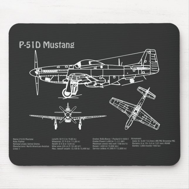 P-51D Mustang - Aeroplane Blueprint PD Mouse Pad (Front)