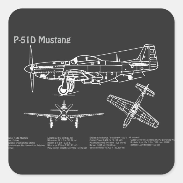 P-51D Mustang - Aeroplane Blueprint PD Square Sticker (Front)