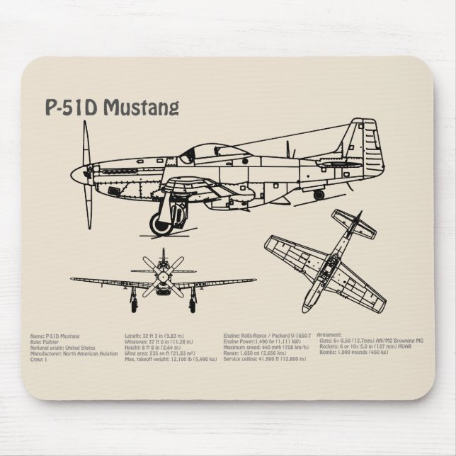 P-51D Mustang - Aeroplane Blueprint SD Mouse Pad (Front)