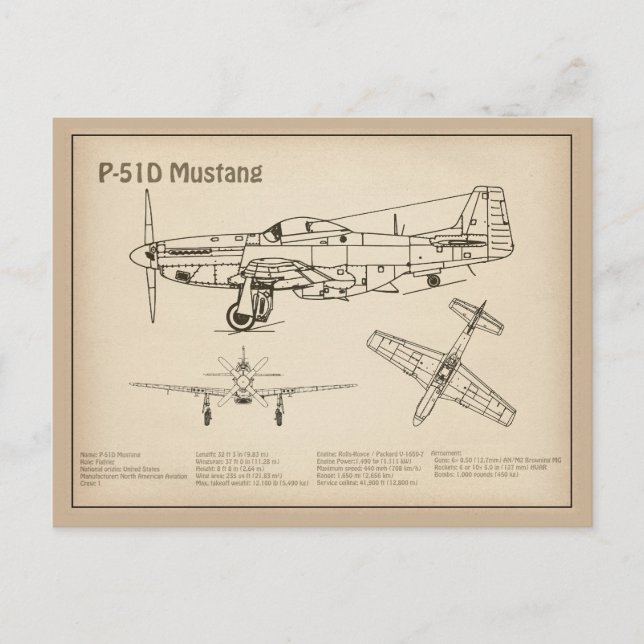 P-51D Mustang - Aeroplane Blueprint SD Postcard (Front)